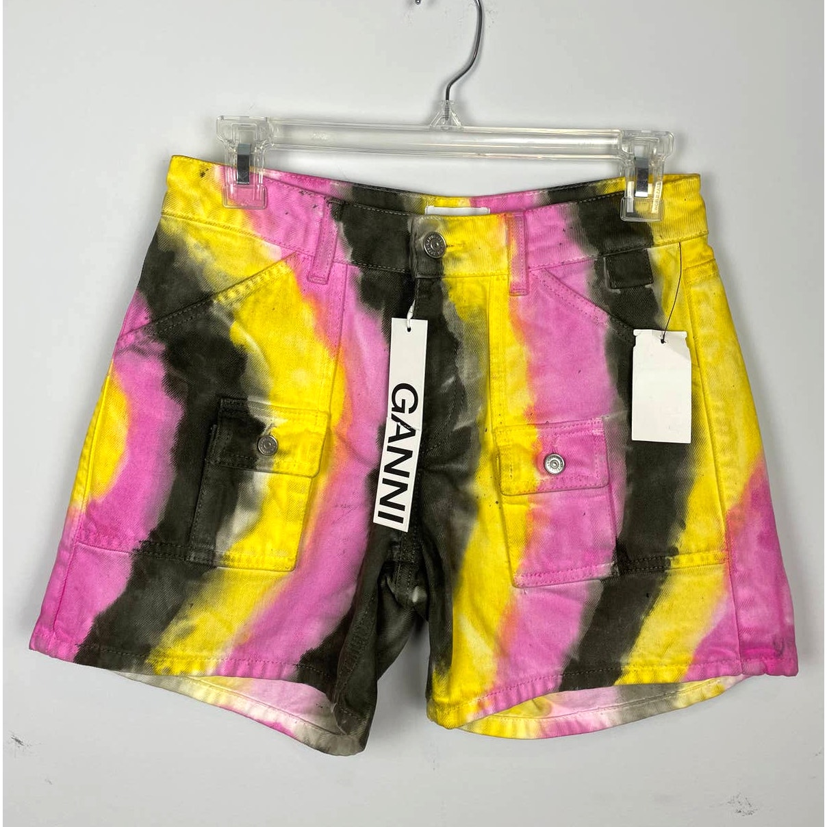 Nwt Ganni Washed Denim Multi Colored Tie Dye Shorts Size 25
